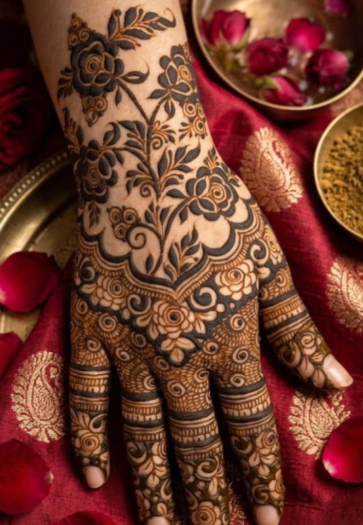 Large floral motifs in Gulf Style Floral Henna design with bold petals and elegant Arabic mehndi patterns on hands