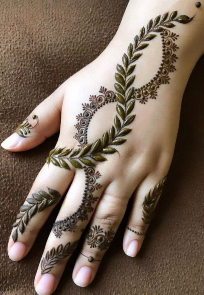 leaf chain mehndi design for beginners simple henna pattern with connected leaves and dots flowing chain style easy minimalist mehndi art for hands