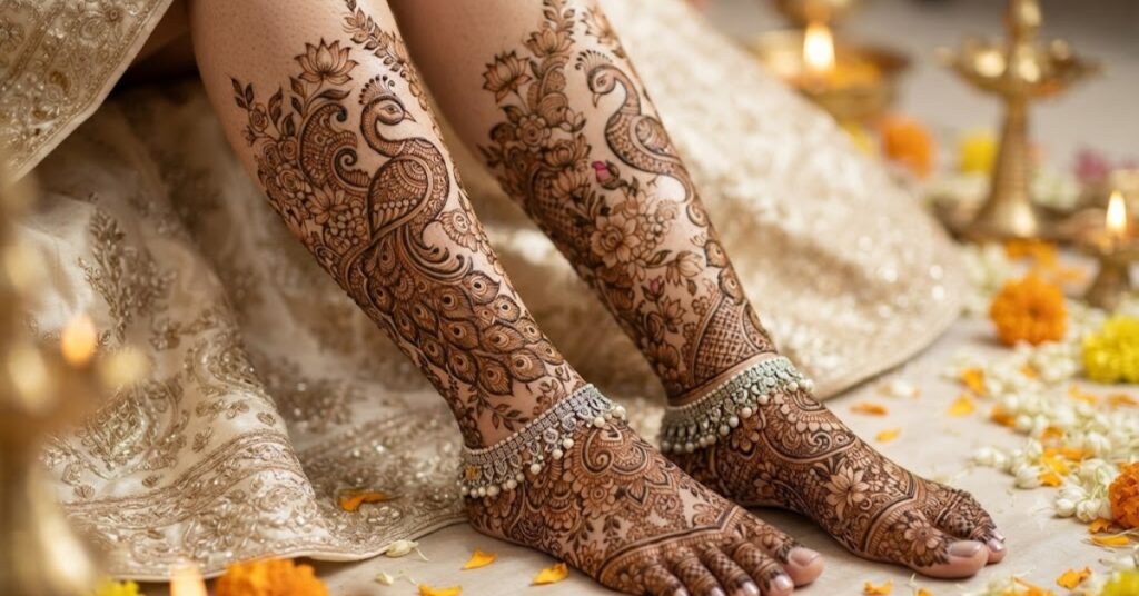 Leg Peacock Mehndi Designs with bridal artwork