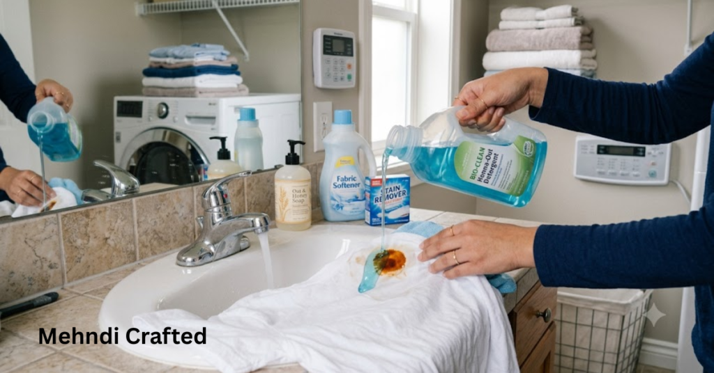 Applying liquid laundry detergent to a henna stain on clothing