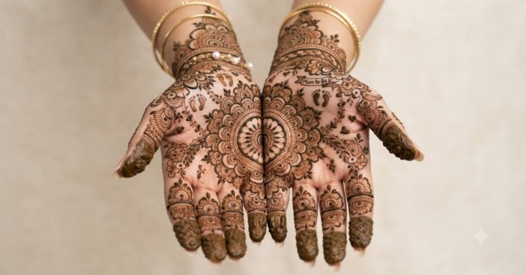 Mandala baby shower mehndi design with detailed circular patterns