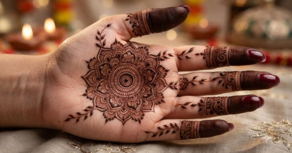 Mandala Guru Purnima Mehndi Design on palm with detailed henna art