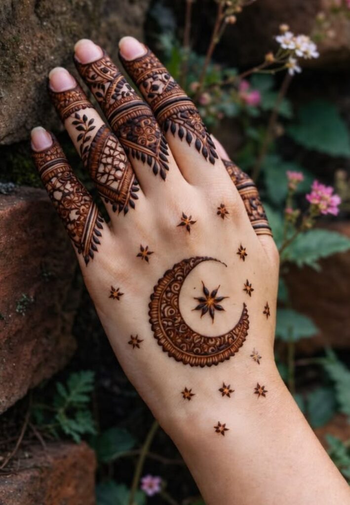 Mandala mehndi design with Pakistan national symbols including crescent moon and star for Independence Day celebration