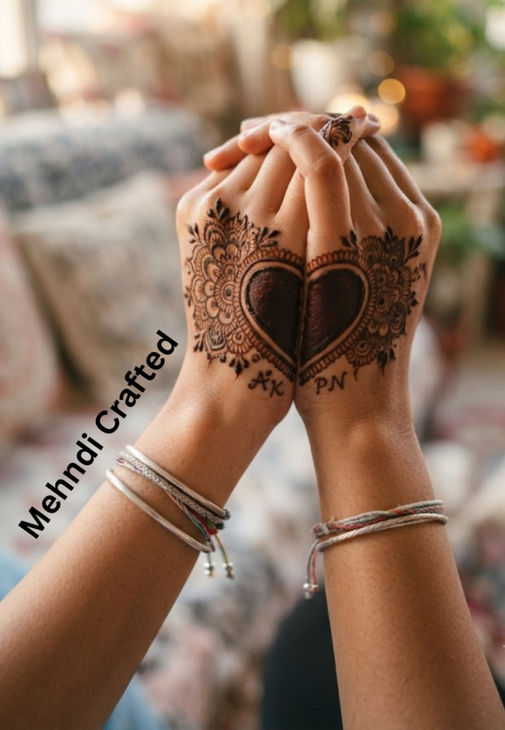 Matching Friendship Mehndi Designs 2026 for best friends with half heart patterns