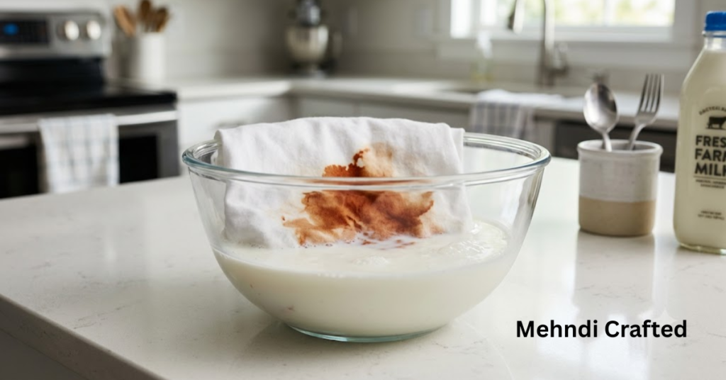 Soaking stained fabric in milk to loosen a henna stain