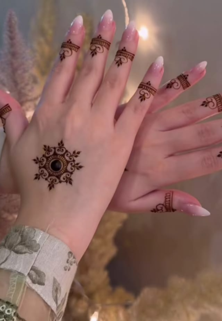 mini mandala center mehndi design for beginners simple circular henna pattern with floral layers and dots elegant easy mehndi art for hands