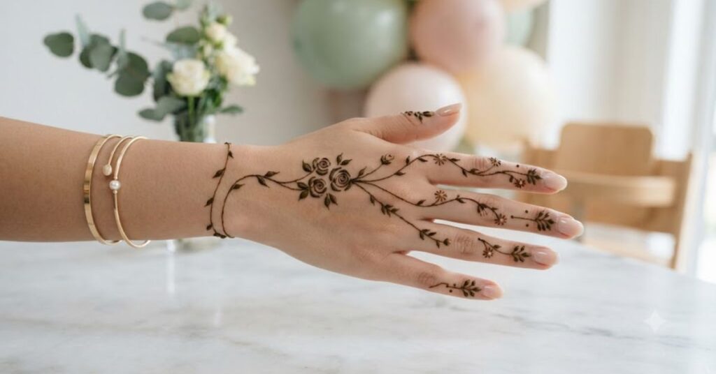 Simple minimal baby shower henna design for moms to be