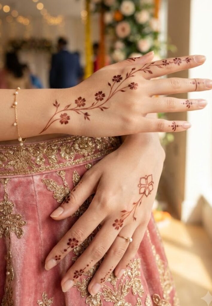 Minimal floral bridesmaid mehndi design with delicate flowers and leaves
