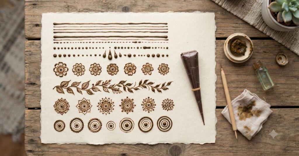 Basic mehndi patterns flowers leaves dots and lines for beginners