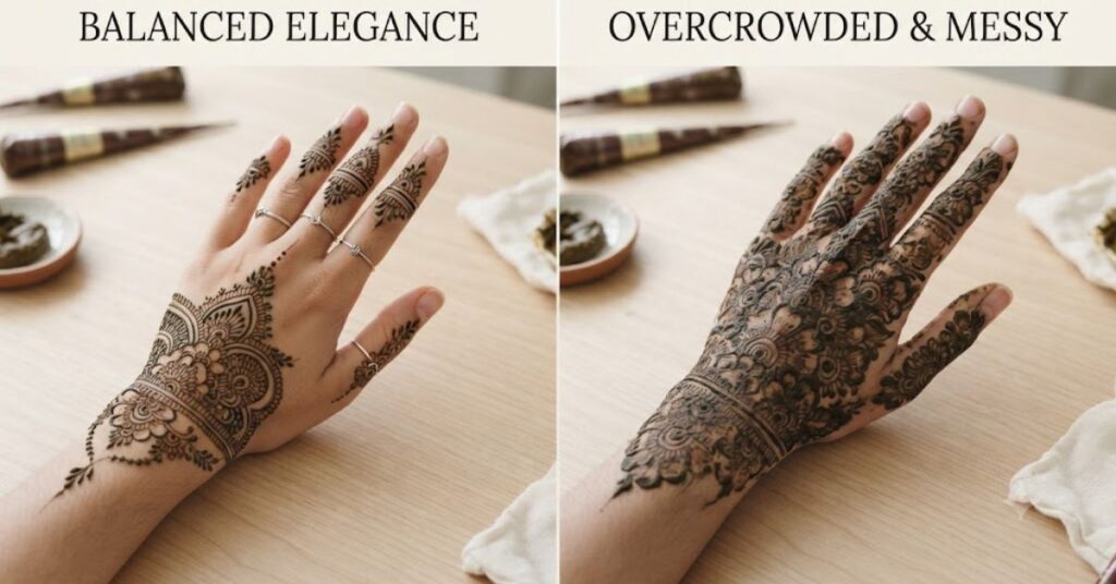 Balanced mehndi design with proper spacing compared to overcrowded henna pattern