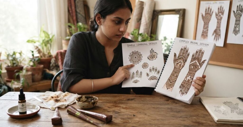 Beginner comparing simple and advanced mehndi designs