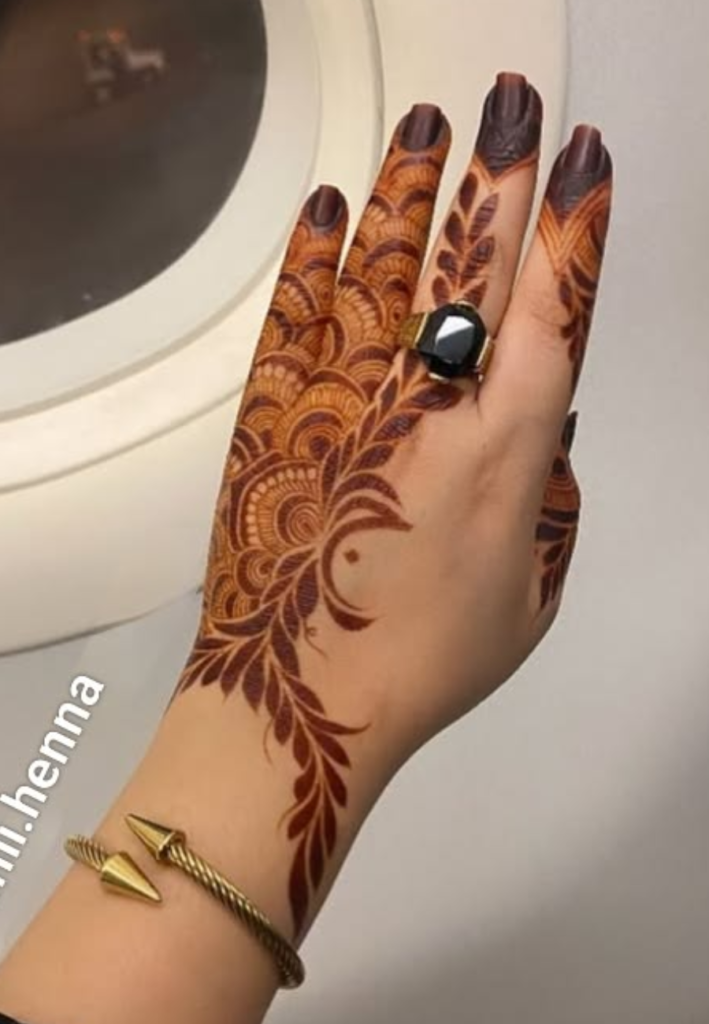 Modern stylish half hand mehndi designs 2026 featuring contemporary geometric patterns, bold lines, and minimal floral accents applied from fingers to mid-hand with clean negative space and trendy artistic detailing.