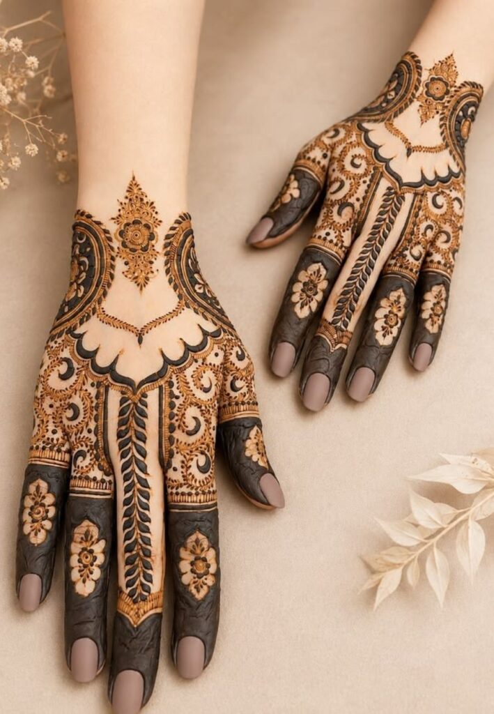 Moroccan Arabic fusion mehndi design combining geometric Moroccan patterns with elegant Arabic floral henna motifs.