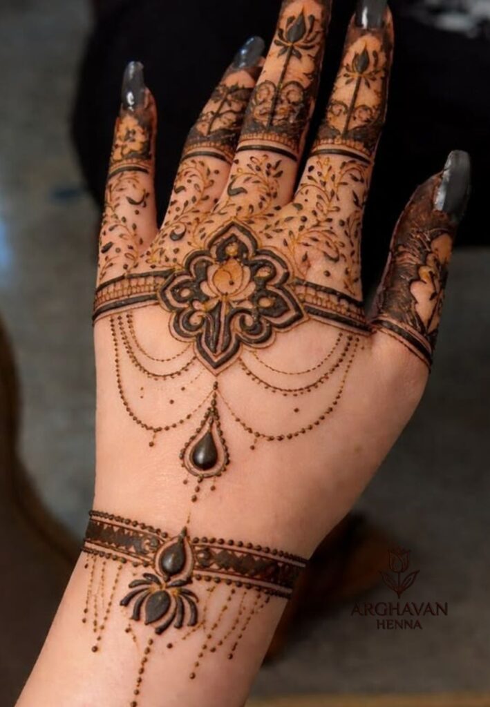 Moroccan back hand mehndi design with beautiful geometric motifs and elegant traditional henna patterns.