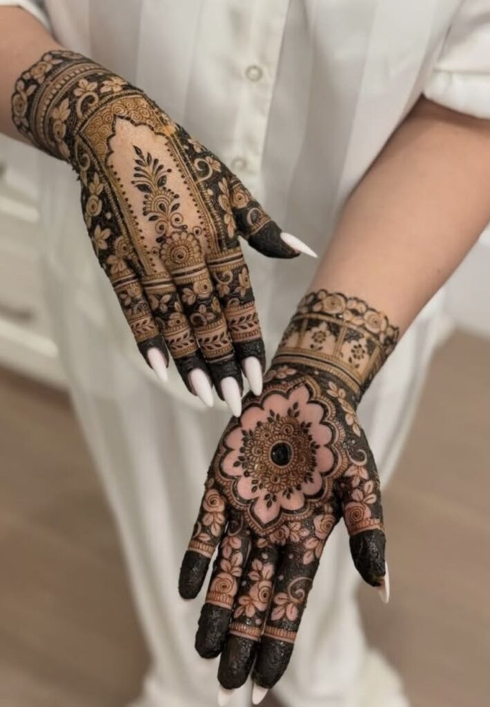 Moroccan bridal mehndi design with intricate geometric patterns, floral details, and elegant henna artwork for brides.