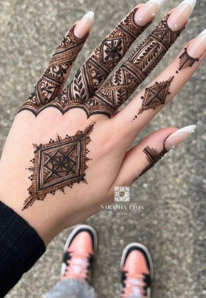 Moroccan finger mehndi design with stylish geometric patterns and delicate henna details.