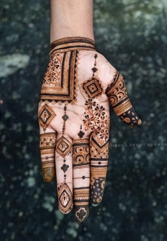 Moroccan front hand mehndi design featuring elegant geometric patterns and traditional henna art.