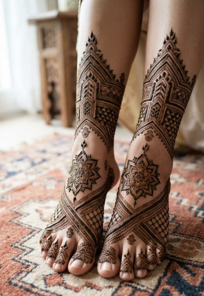 Moroccan Leg Mehndi Designs with geometric henna patterns