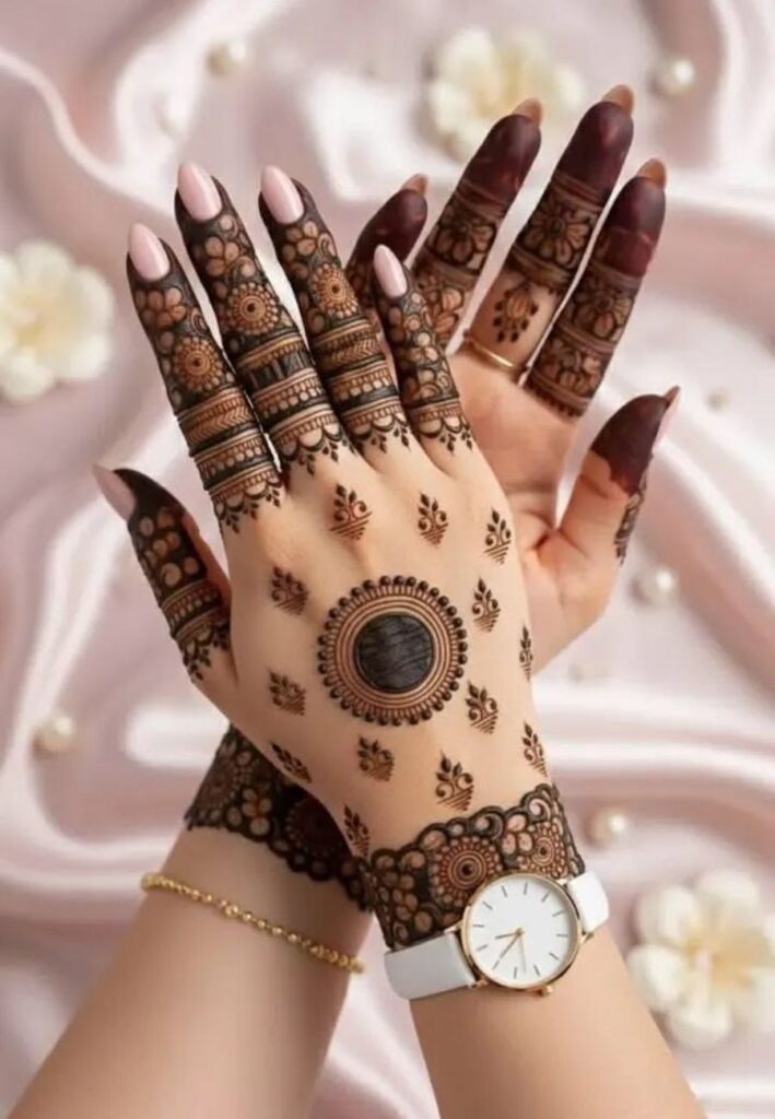 Moroccan mandala inspired mehndi design with circular geometric patterns and elegant henna details.
