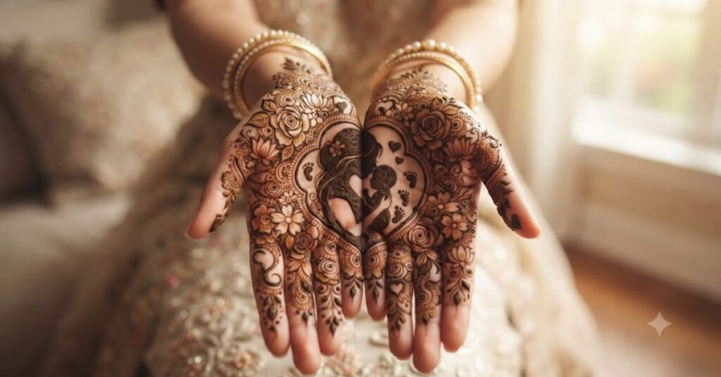 Mother and baby portrait mehndi design symbolizing motherhood