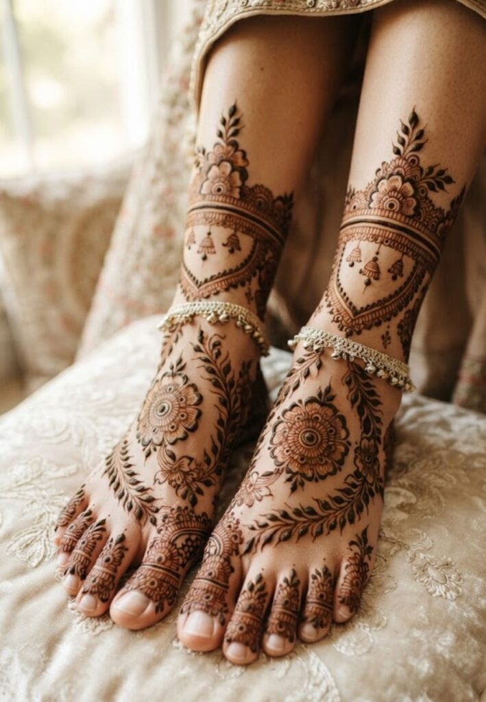 Pakistani Foot Mehndi Designs with floral and leafy motifs