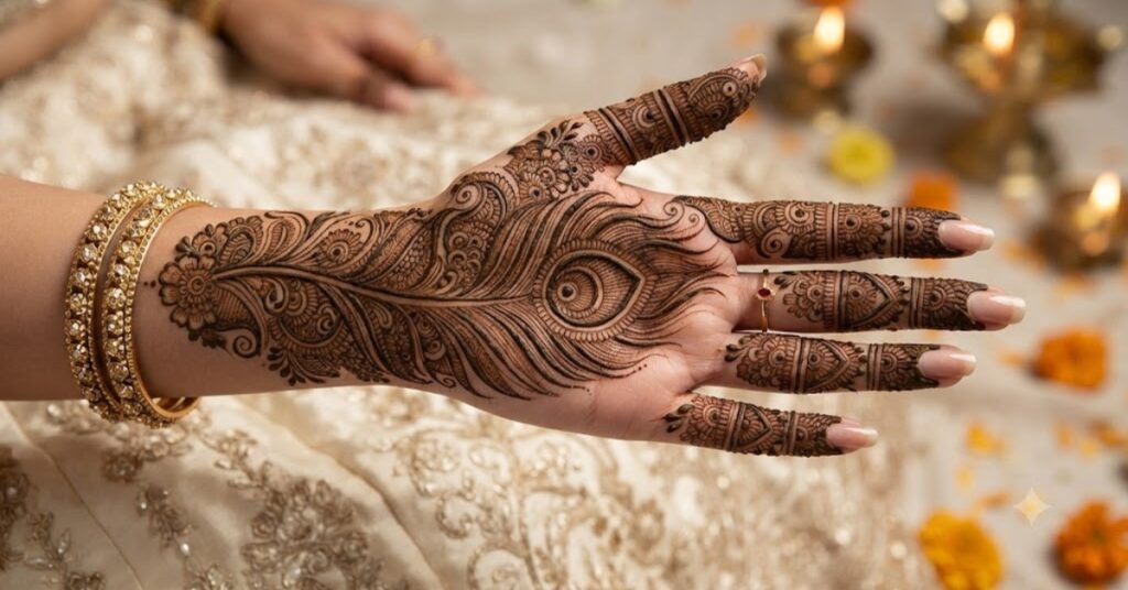 Peacock feather mehndi design with artistic details