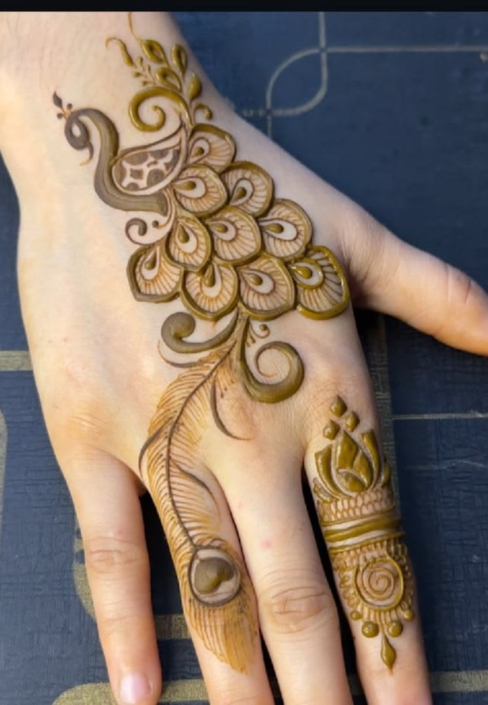 peacock inspired mehndi design for beginners simple henna pattern with basic peacock shape feathers and floral elements easy elegant mehndi art for hands
