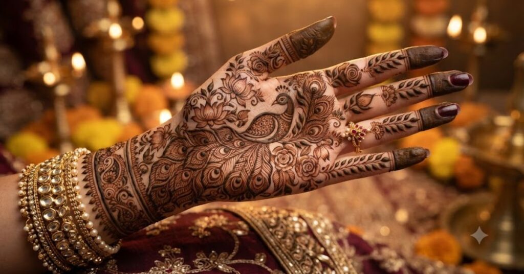 Peacock Guru Purnima Mehndi Design with traditional Indian henna art
