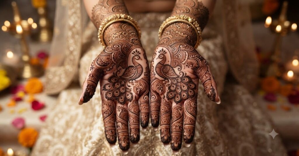 Peacock Mehndi Pattern with traditional paisleys