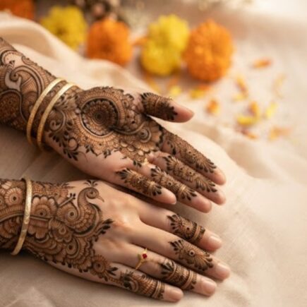 Elegant Peacock Mehndi Designs featuring intricate peacock feathers, floral patterns, and bridal henna artwork on hands