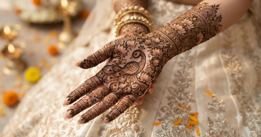 Peacock Mehndi Pattern featuring lotus flowers