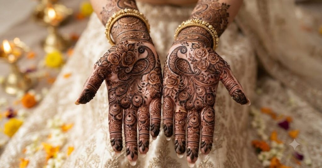 Peacock Mehndi Designs with beautiful rose flowers