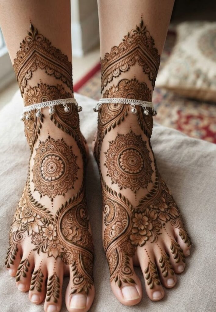 Leg Mehndi Designs featuring floral, paisley, and mandala patterns