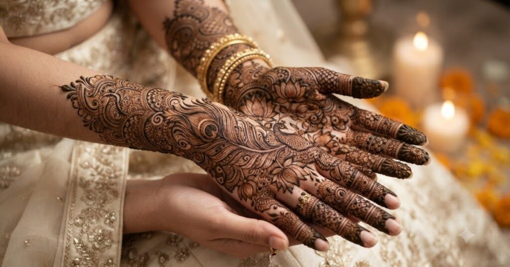 Peacock Mehndi Pattern with lotus flowers and paisleys