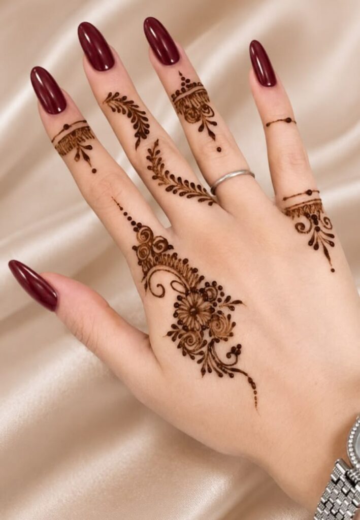 Popular Elements Used in Minimal Mehndi Designs including floral, leaf, and fine line henna patterns