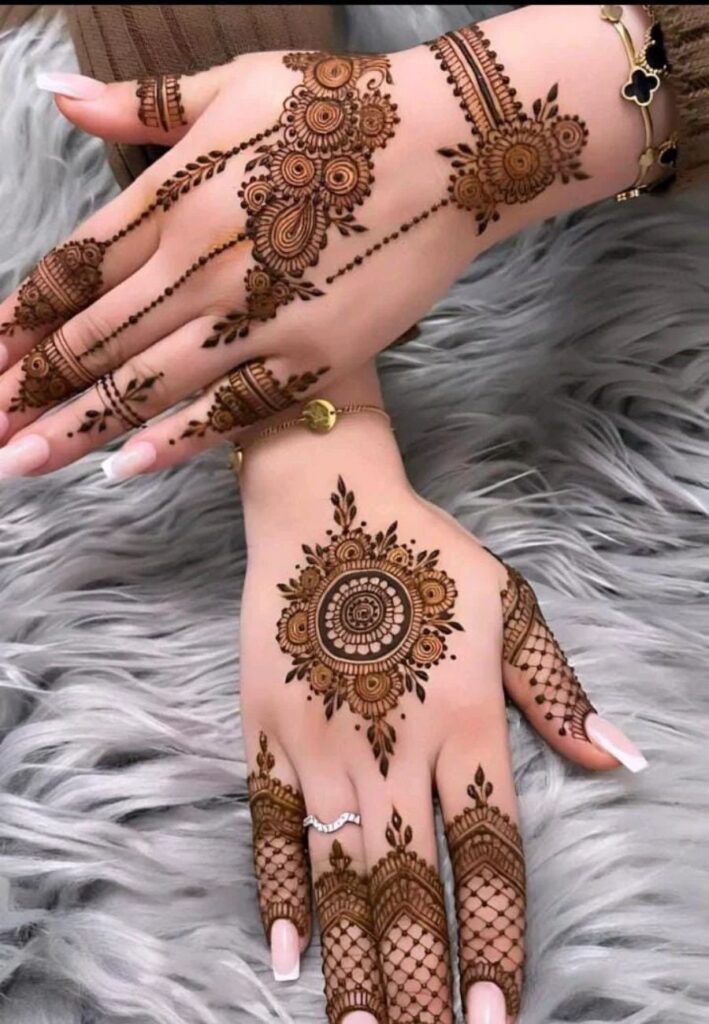 Romantic couple portrait anniversary mehndi design with elegant floral and love-inspired details.