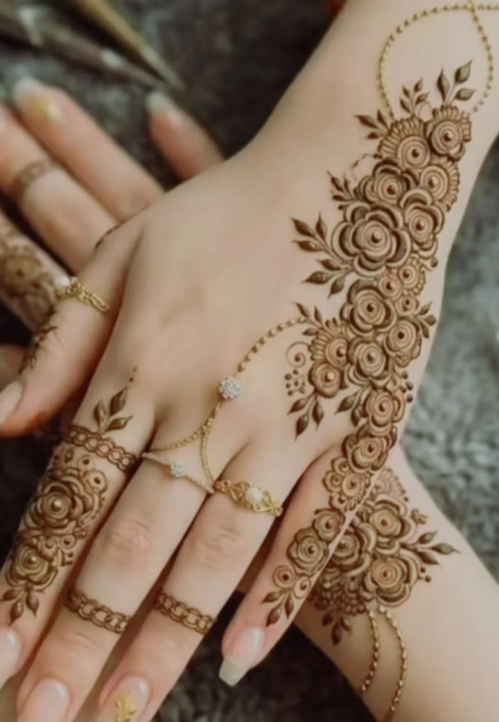 side hand floral mehndi design for beginners simple henna pattern with flowing flowers and vines along side of palm elegant easy mehndi art for hands