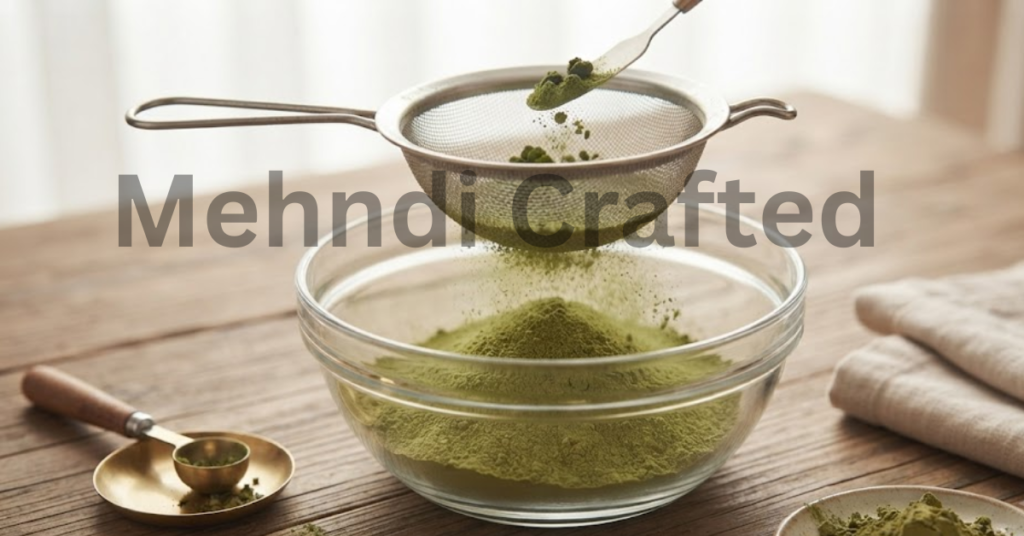 Sifting fine henna powder through a mesh sieve into a glass bowl during DIY mehndi preparation process on a wooden table. How to Make Mehndi at Home