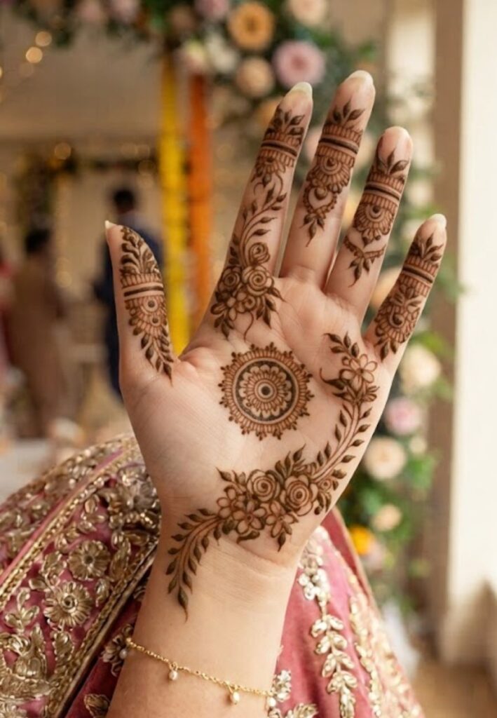 Simple front hand bridesmaid mehndi design with floral patterns