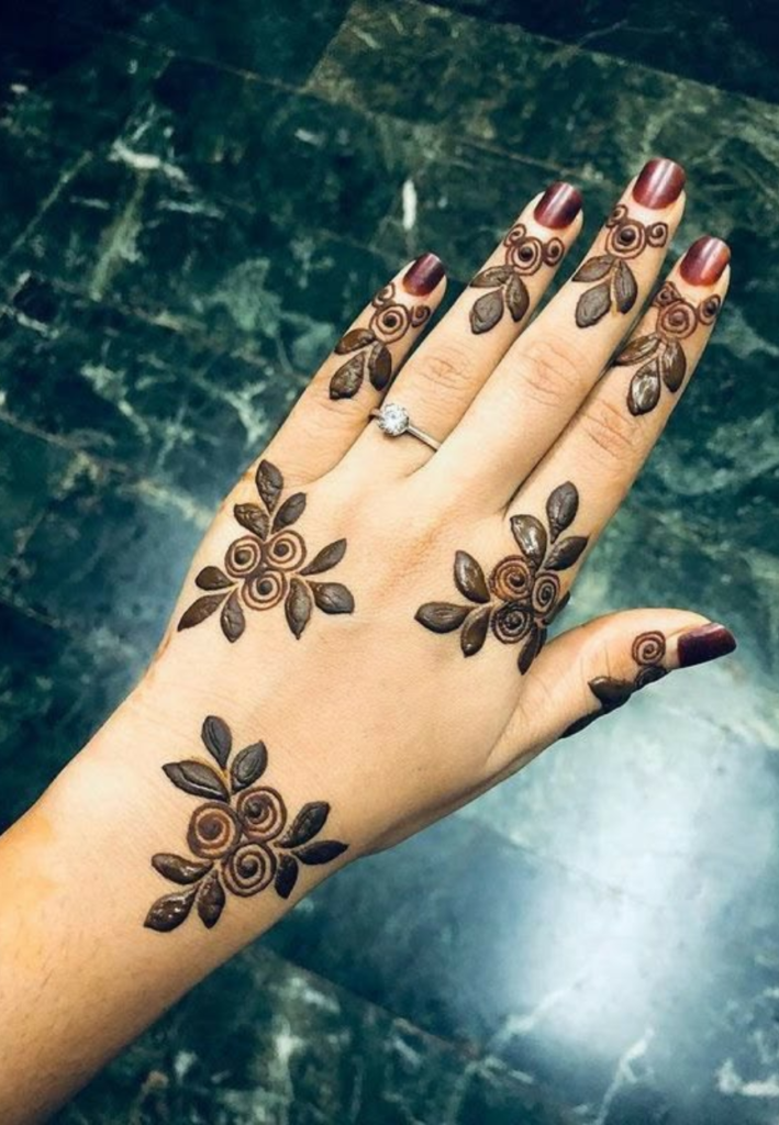 spiral flower mehndi design for beginners simple henna pattern with spiral center floral petals and leaves elegant easy mehndi art for hands