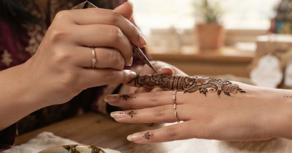 Applying simple one finger mehndi design with henna cone