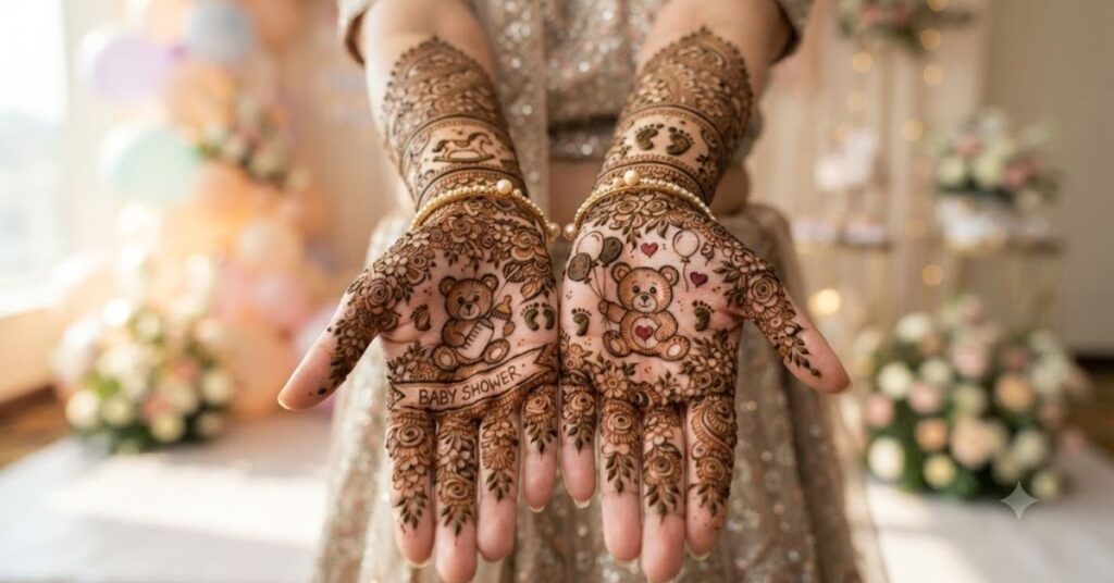 Cute teddy bear baby shower mehndi design with baby theme