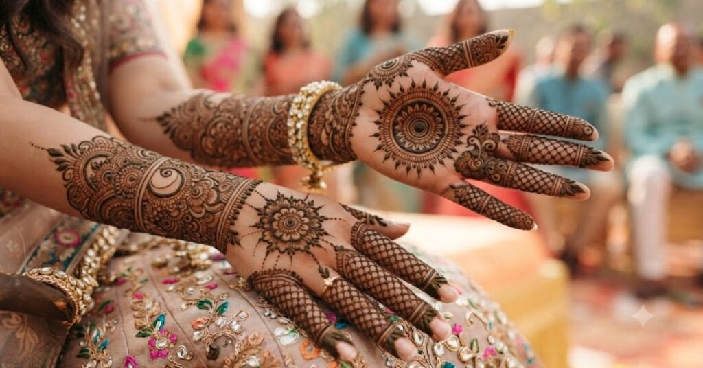 Krishna Theme Mehndi Designs with Peacock Feather and Flute