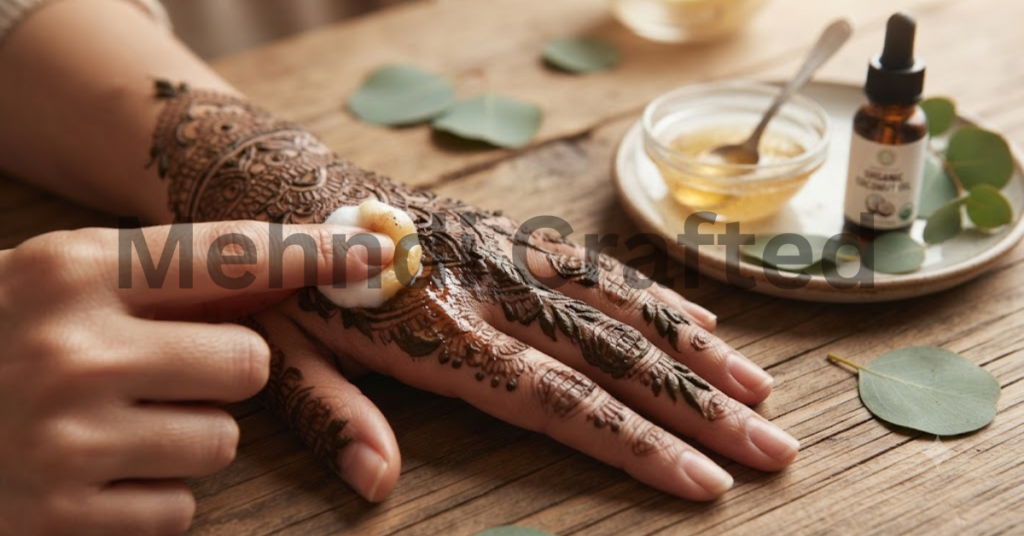 Hand with fresh mehndi design being treated with lemon and sugar mixture using cotton ball to deepen henna stain, DIY mehndi care process.