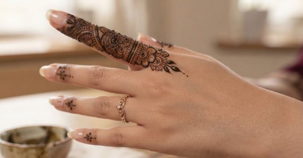 Dark one finger mehndi stain after henna application