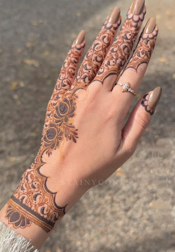 “Collage showing top half-hand mehndi designs 2026 including floral, Arabic, geometric, bridal, and finger-focused henna patterns applied from fingers to mid-hand with clean negative space styles.”