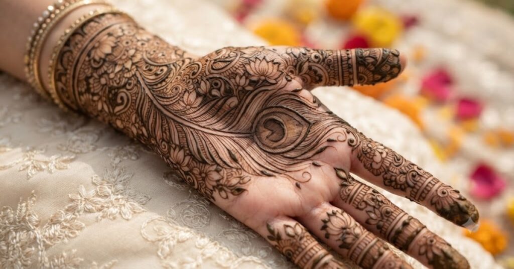 Detailed Peacock Mehndi Pattern with intricate feather work
