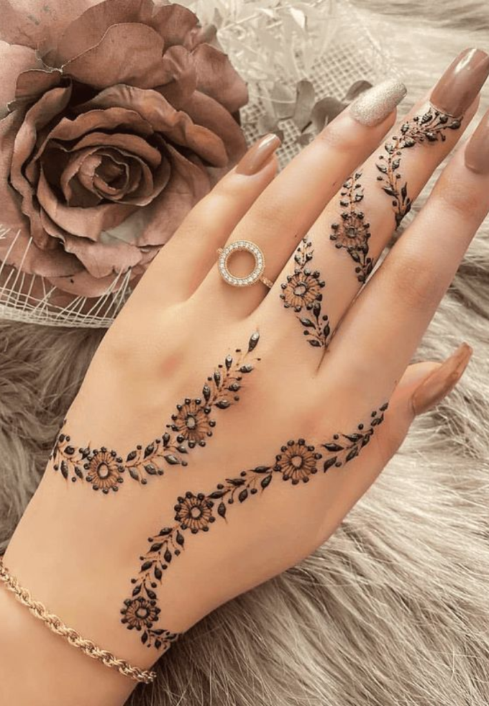 vine with roses mehndi design for beginners simple henna floral vine pattern with rose flowers and leaves flowing elegant easy mehndi art for hands