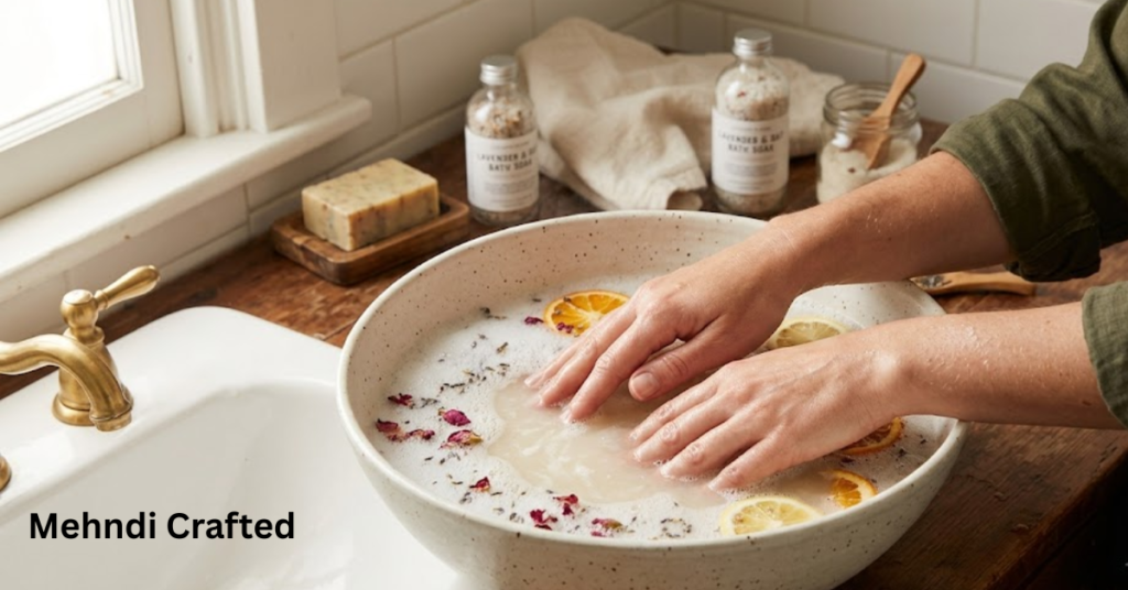 Hands soaking in warm water with soap to remove mehndi stains naturally Remove Mehndi Stains from Hands