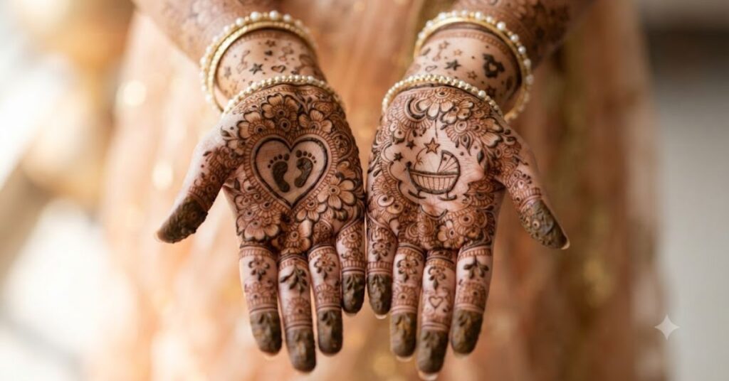 Cute baby shower henna designs with baby feet and floral patterns